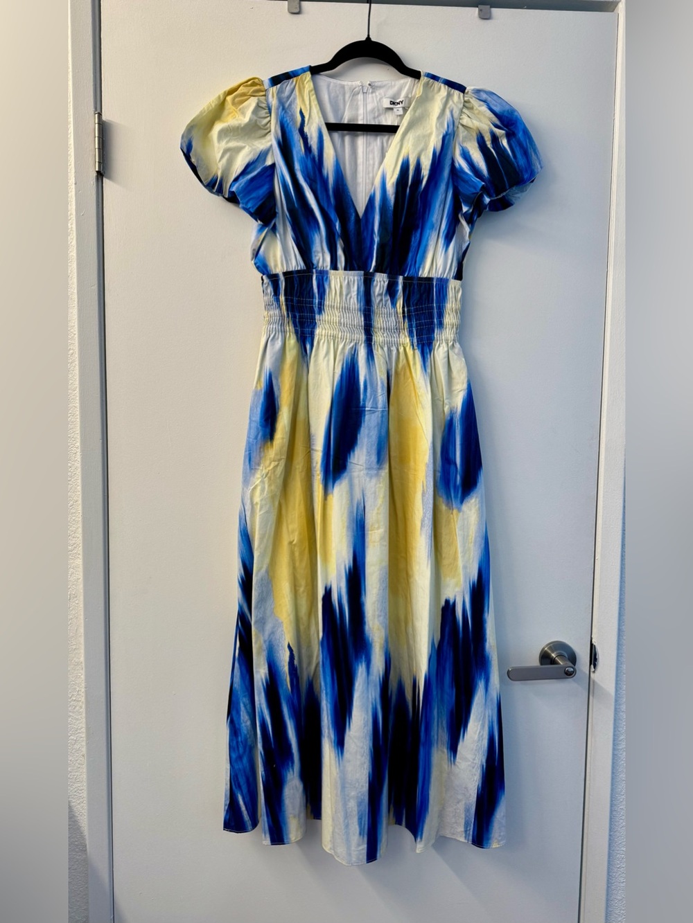 DKNY Blue and Yellow Abstract V-Neck Maxi Dress